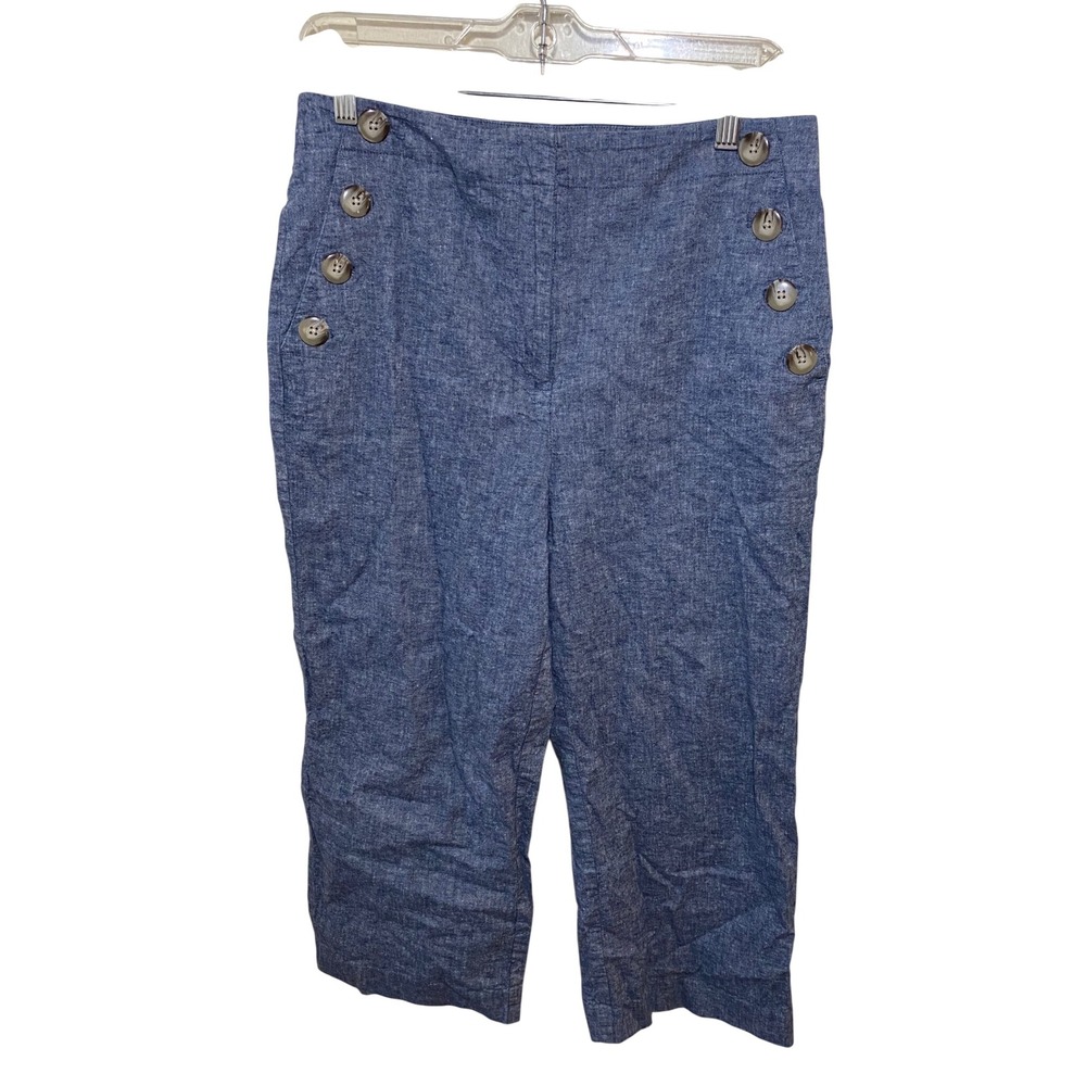 Ann Taylor Factory Blue Linen Blend Sailor Crop Pants Women 10 Nautical Chambray